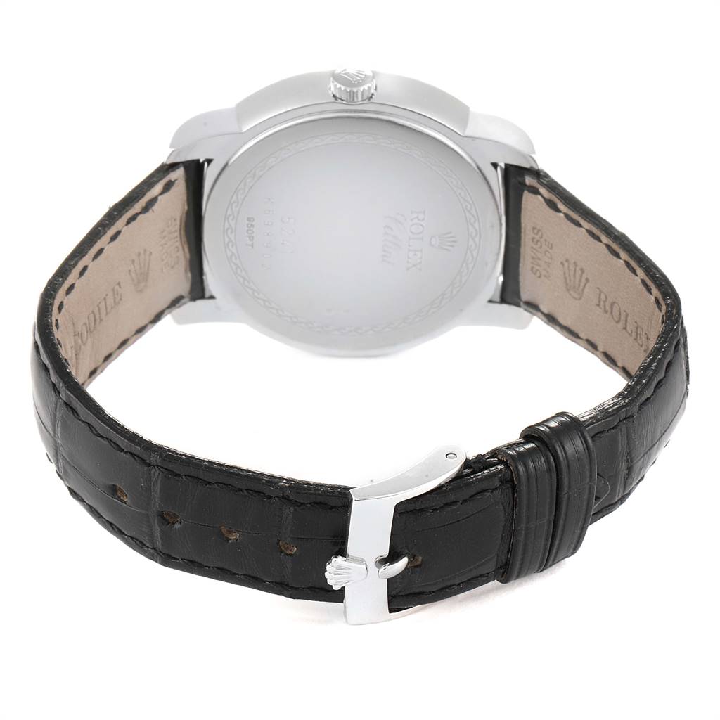 This image shows the back view of a Rolex Cellini 5241 Men's Platinum Blue Dial 5241 Men's Platinum Blue Dial watch with a black leather strap and clasp.