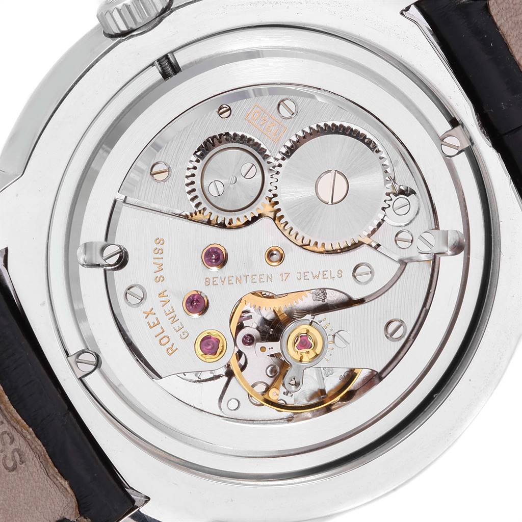 The image shows the back view of a Rolex Cellini 5241 Men's Platinum Blue Dial 5241 Men's Platinum Blue Dial model, revealing its intricate mechanical movement and internal components.