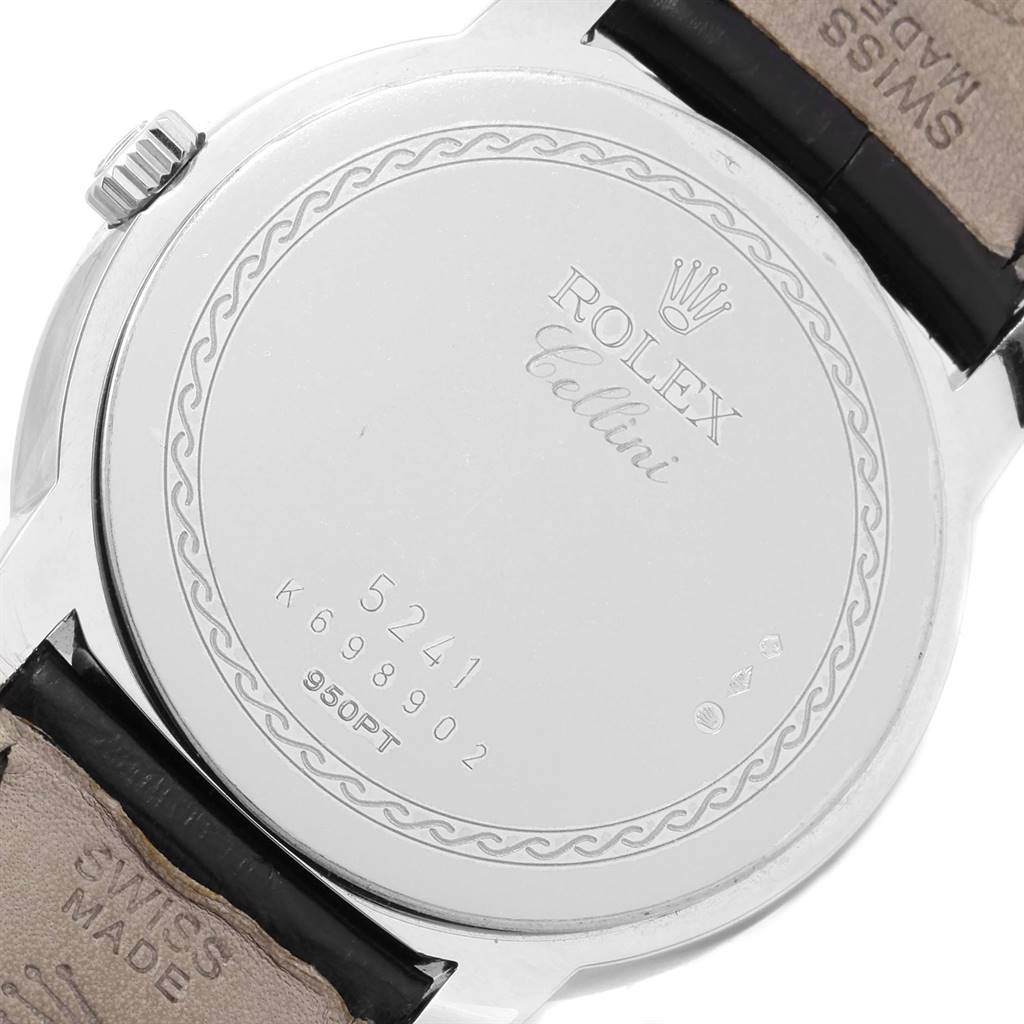 The image shows the back case of a Rolex Cellini 5241 Men's Platinum Blue Dial 5241 Men's Platinum Blue Dial watch.