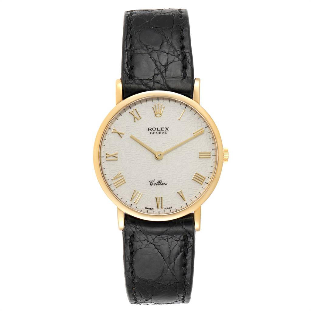 This image shows a front view of a Rolex Cellini 5112 Men's Yellow Gold Beige Dial 5112 Men's Yellow Gold Beige Dial watch, highlighting its white dial, gold case, and black leather strap.