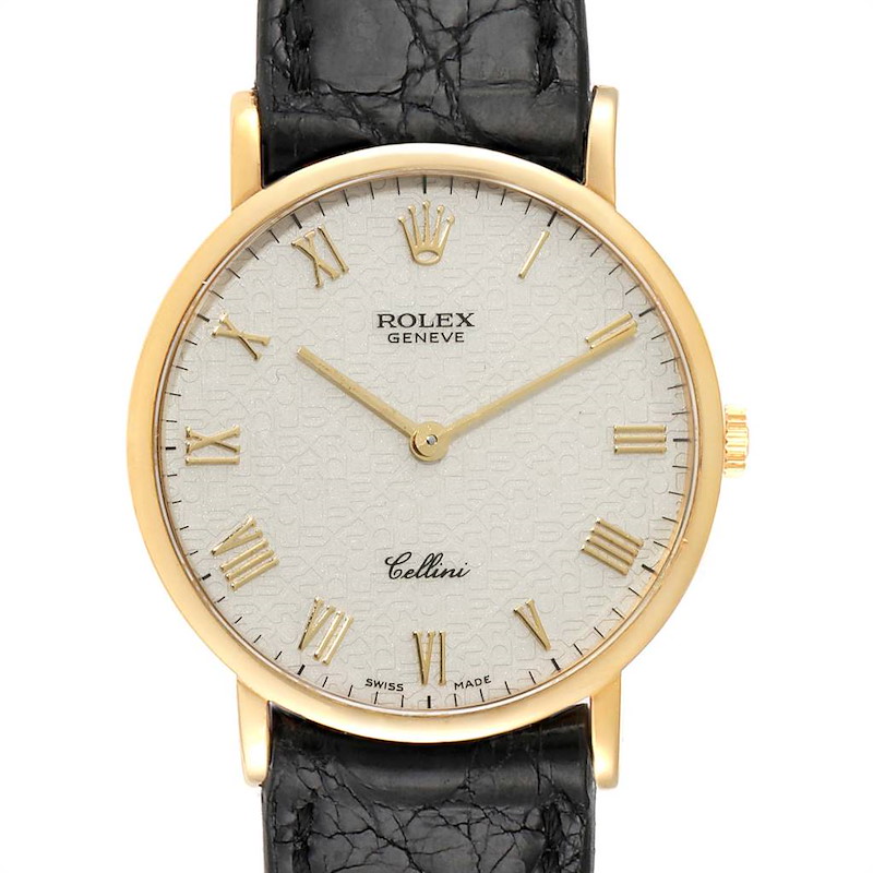 Rolex Cellini Classic Yellow Gold Anniversary Dial Black Strap Watch 5112 SwissWatchExpo