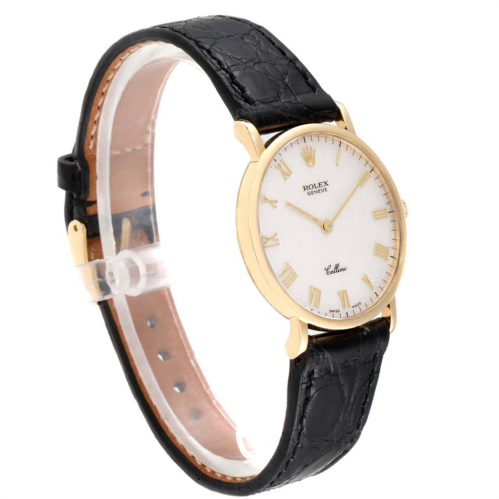 The image shows a Rolex Cellini 5112 Men's Yellow Gold Beige Dial 5112 Men's Yellow Gold Beige Dial watch from a slight side angle, displaying the face, bezel, and leather strap.