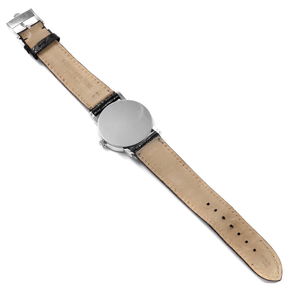 This image shows the back view of a Rolex Cellini 5115 Men
s White Gold Black Dial 5115 Men
s White Gold Black Dial watch, highlighting its leather strap and the back of the watch case.