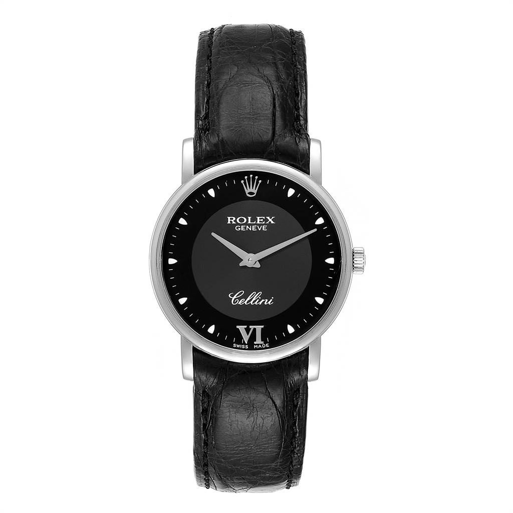 The Rolex Cellini 5115 Men
s White Gold Black Dial 5115 Men
s White Gold Black Dial watch is shown from the front, displaying its black dial, silver case, and black leather strap.