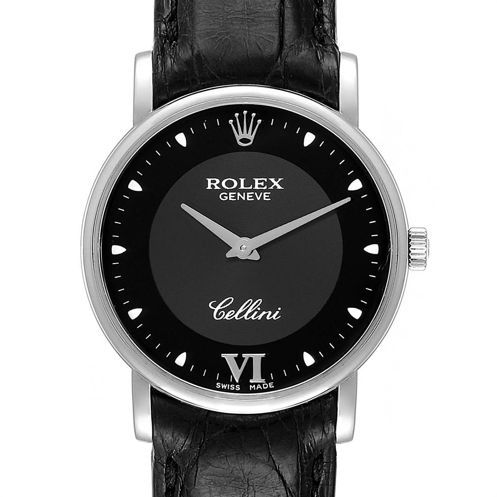 The Rolex Cellini 5115 Men
s White Gold Black Dial 5115 Men
s White Gold Black Dial watch is shown from the front, highlighting its black dial, silver hands, and leather strap.