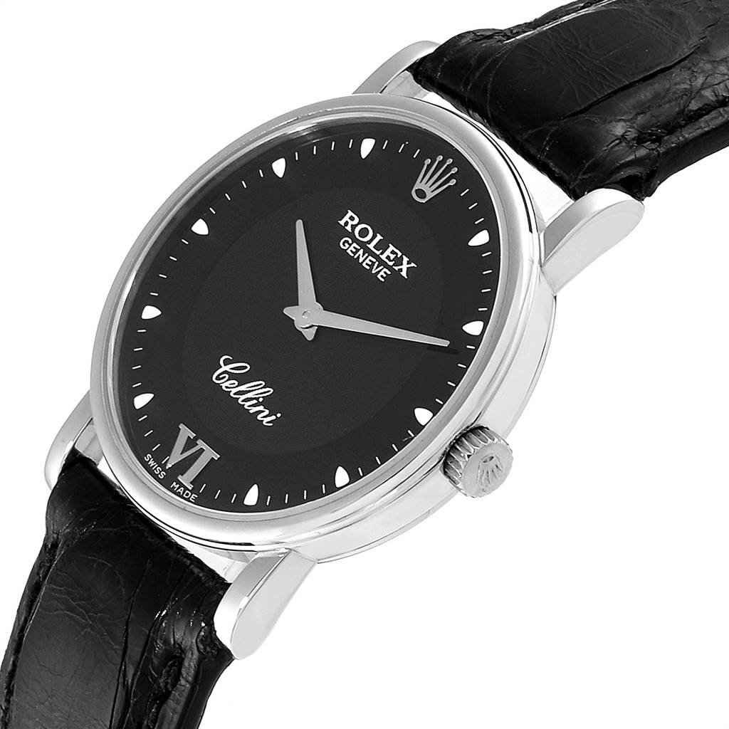 This is an angled view of a Rolex Cellini 5115 Men
s White Gold Black Dial 5115 Men
s White Gold Black Dial watch, showing the face, crown, lugs, and leather strap.