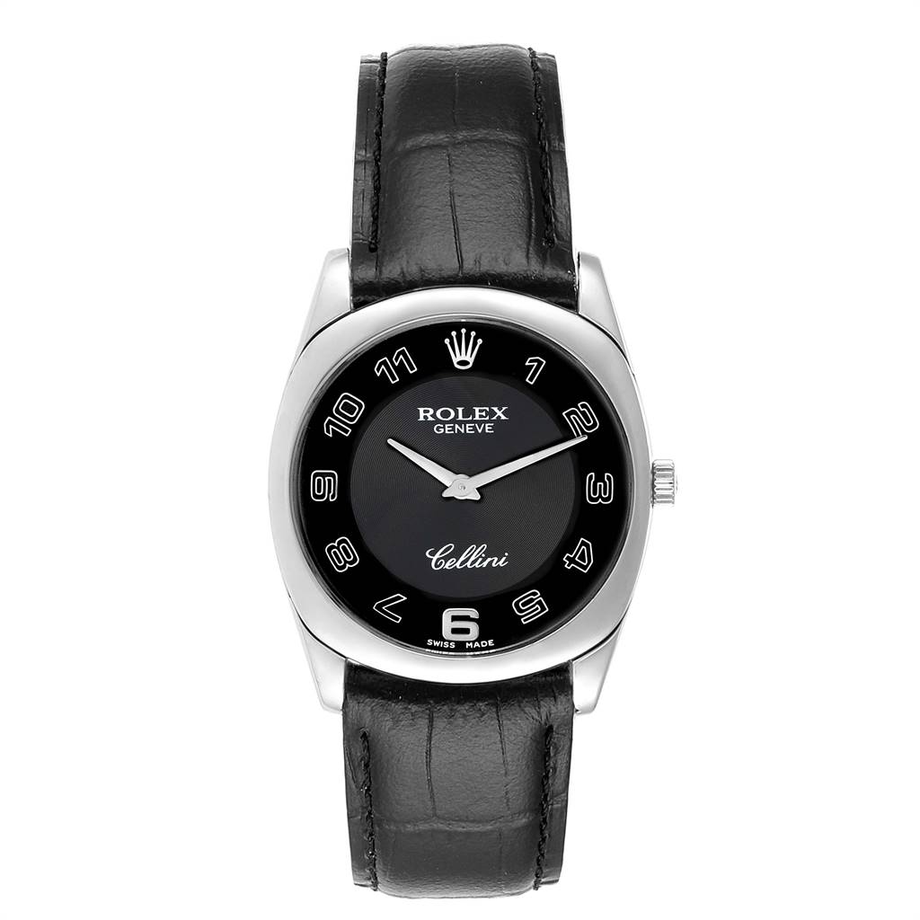 The image shows a Rolex Cellini 4233 Men's White Gold Black Dial 4233 Men's White Gold Black Dial watch, front view, featuring a black dial, silver case, and black leather strap.