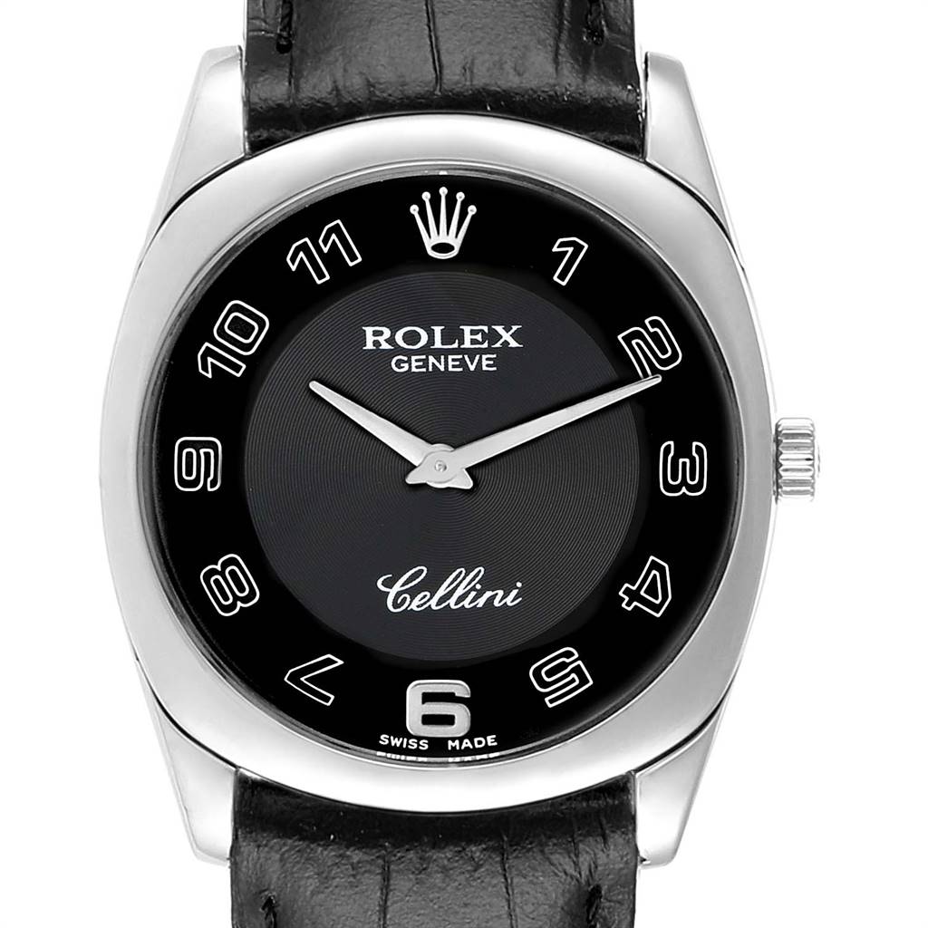 The image shows a frontal view of a Rolex Cellini 4233 Men's White Gold Black Dial 4233 Men's White Gold Black Dial watch, showcasing its dial, case, crown, and leather strap.