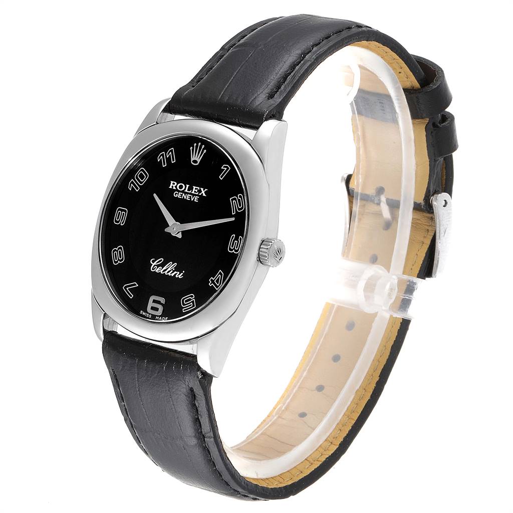 The Rolex Cellini 4233 Men's White Gold Black Dial 4233 Men's White Gold Black Dial watch is displayed at an angle showing the dial, case, crown, and leather strap.