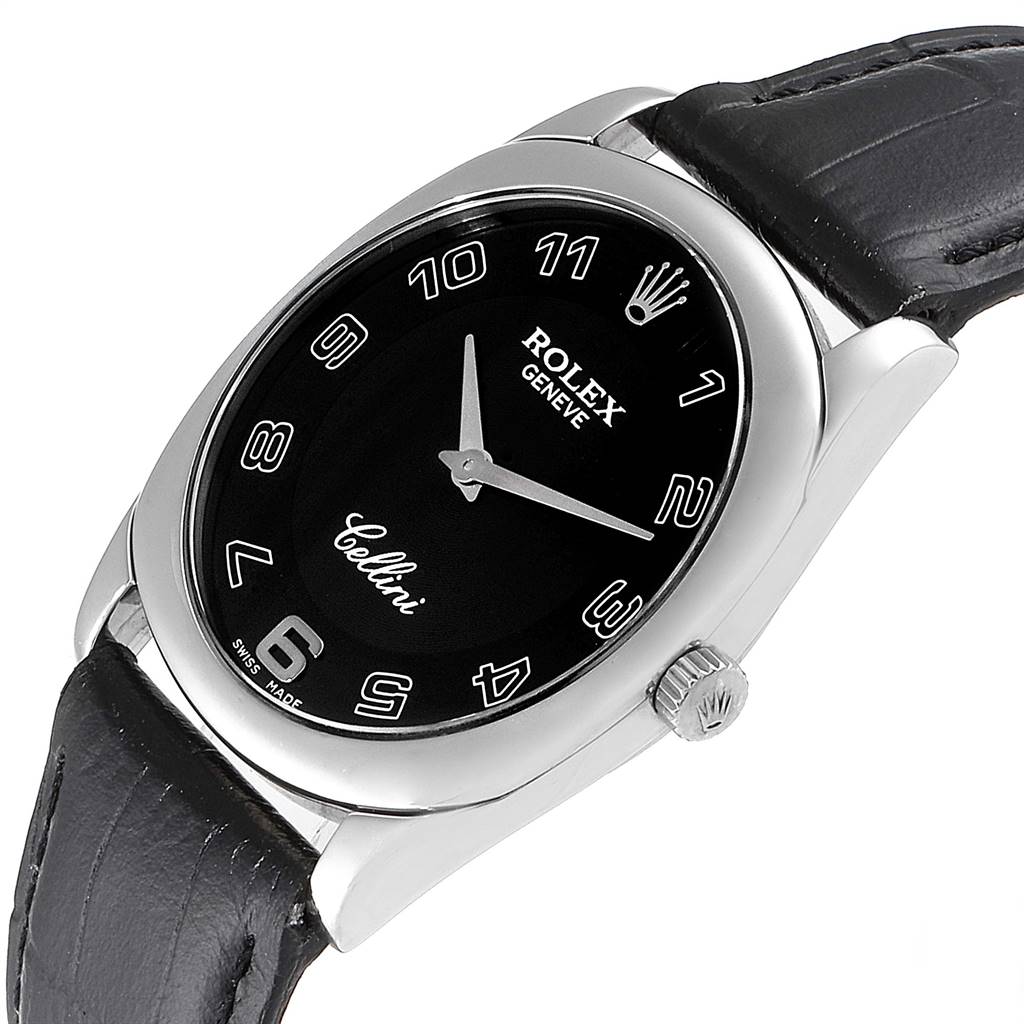 The Rolex Cellini 4233 Men's White Gold Black Dial 4233 Men's White Gold Black Dial watch is shown at an angled top-down view, highlighting the black dial, crown, and leather strap.