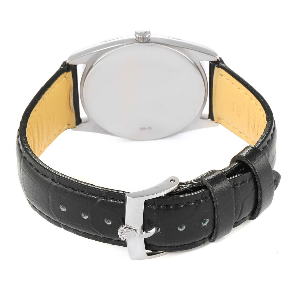 The image shows the back view of a Rolex Cellini 4233 Men's White Gold Black Dial 4233 Men's White Gold Black Dial watch with its leather strap and clasp fully visible.