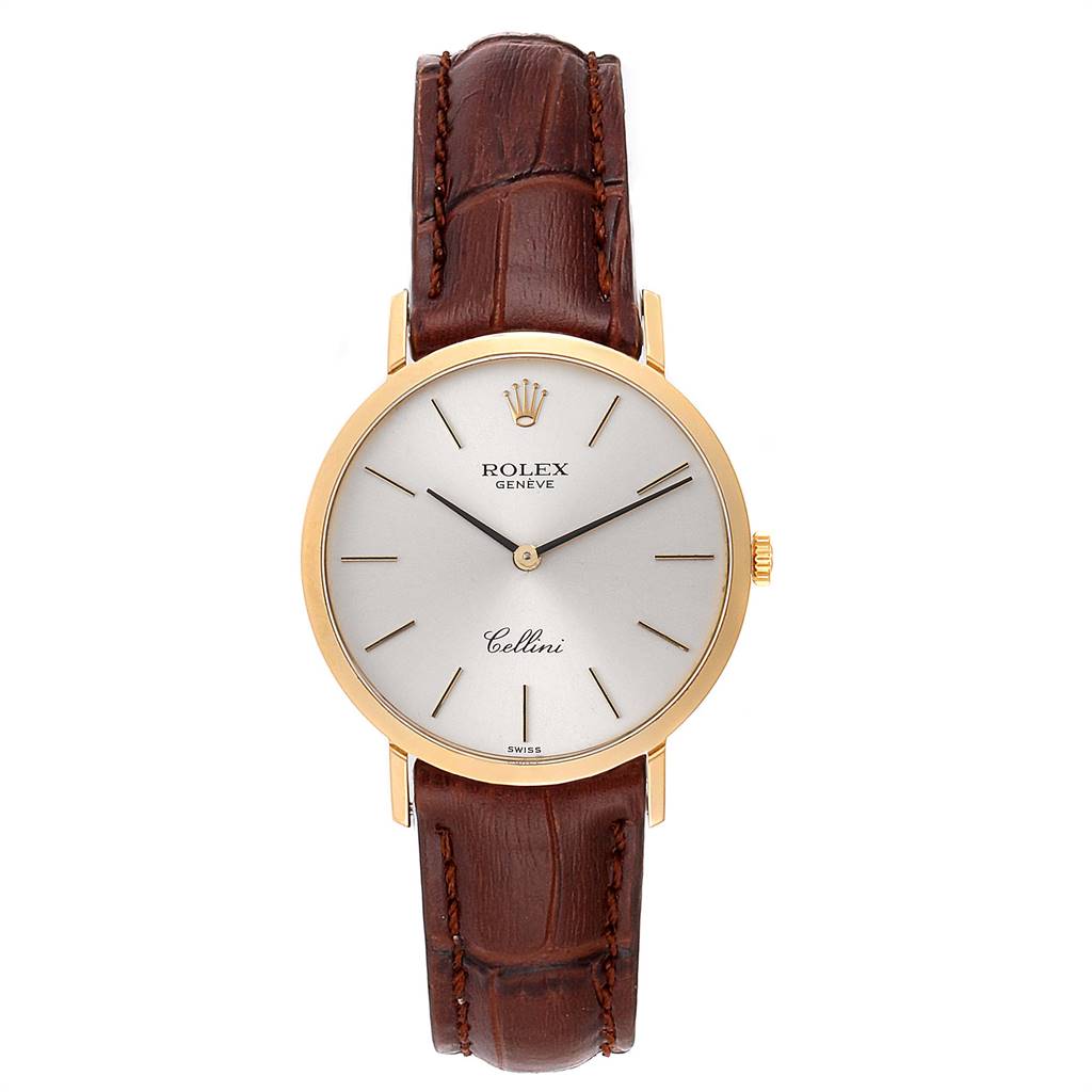 This Rolex Cellini 4112 Men's Yellow Gold Silver Dial 4112 Men's Yellow Gold Silver Dial model watch is shown from the front, displaying the dial, bezel, and leather strap.