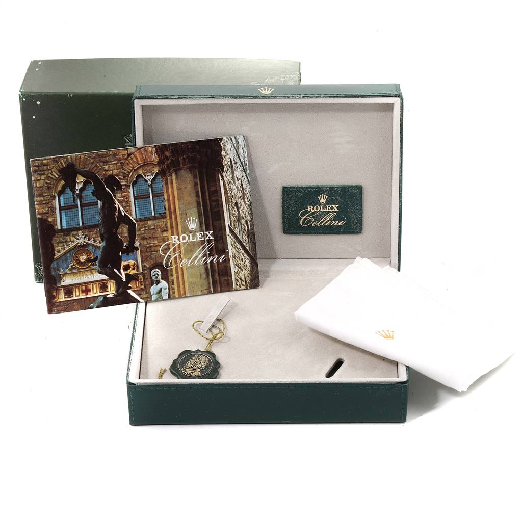 The image shows a Rolex Cellini 4112 Men's Yellow Gold Silver Dial 4112 Men's Yellow Gold Silver Dial watch box, manual, tag, warranty card, and cleaning cloth from a top-angle view.