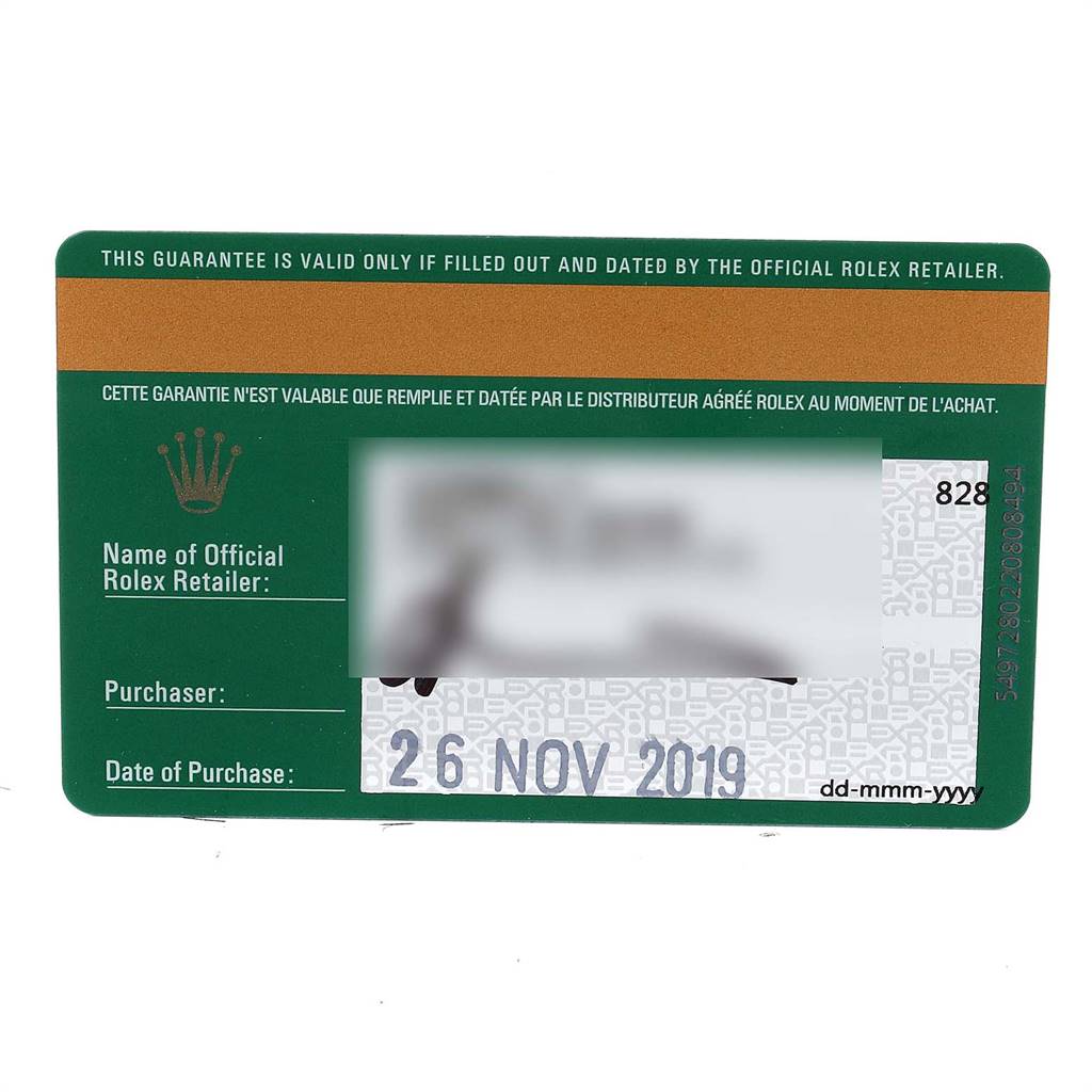 The image shows a filled-out Rolex guarantee card with details for the purchase of a Rolex Cellini 50535 Men
s Rose Gold White Dial 50535 Men
s Rose Gold White Dial model.