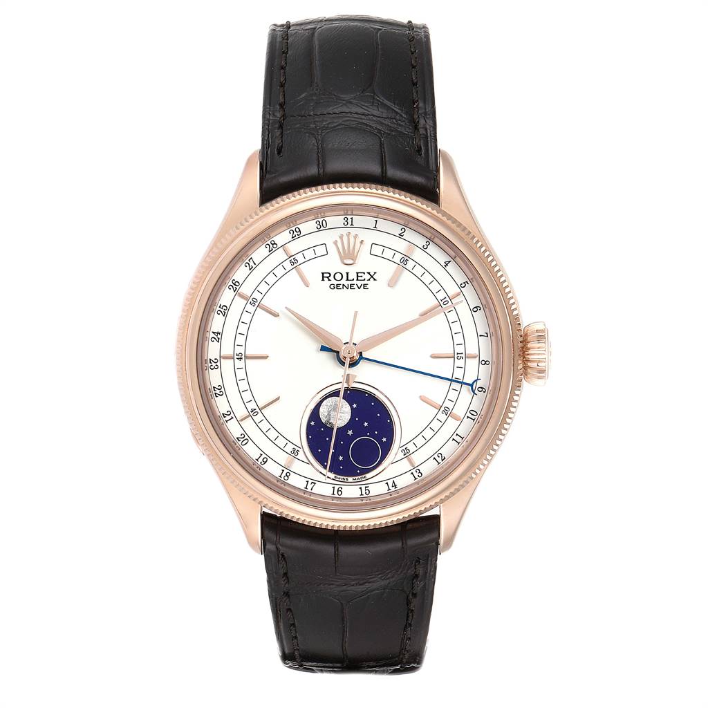 The image shows a front view of a Rolex Cellini 50535 Men
s Rose Gold White Dial 50535 Men
s Rose Gold White Dial watch, highlighting its dial, case, and black leather strap.