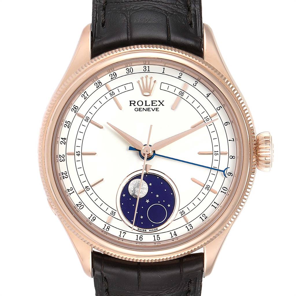 This Rolex Cellini 50535 Men
s Rose Gold White Dial 50535 Men
s Rose Gold White Dial watch is shown from the front, highlighting its dial, crown, and leather strap.