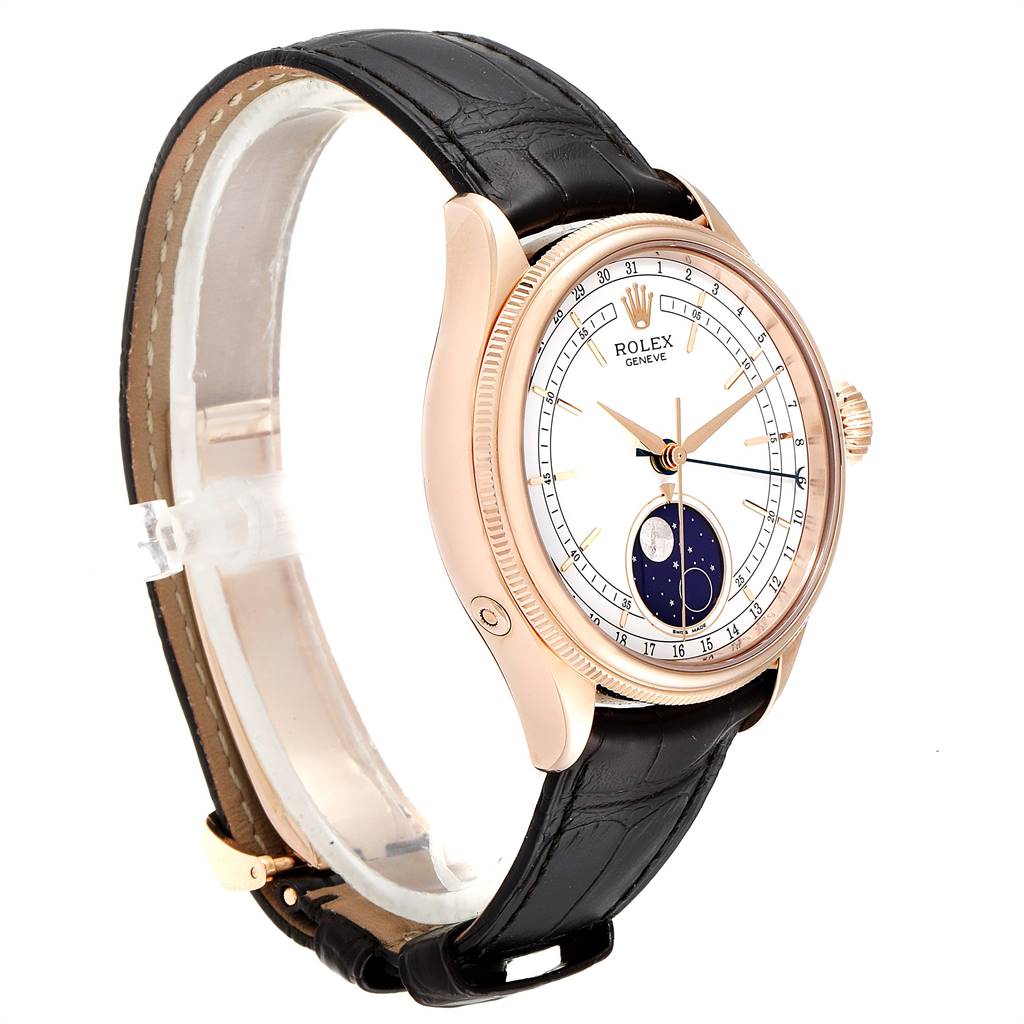 The image shows a Rolex Cellini 50535 Men
s Rose Gold White Dial 50535 Men
s Rose Gold White Dial watch at an angle highlighting its face, strap, and crown.