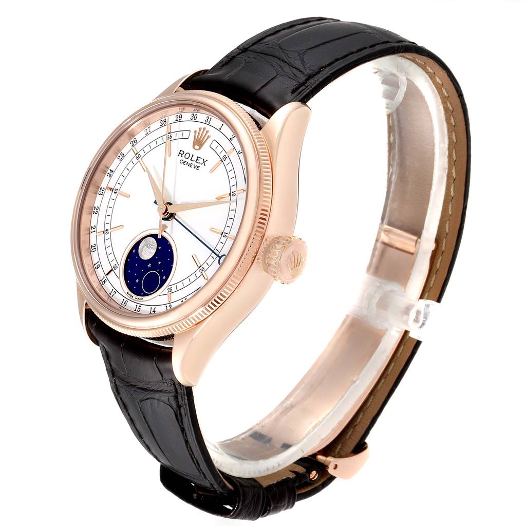 The Rolex Cellini 50535 Men
s Rose Gold White Dial 50535 Men
s Rose Gold White Dial watch is displayed at a slight side angle, showing the dial, case, crown, and black leather strap.