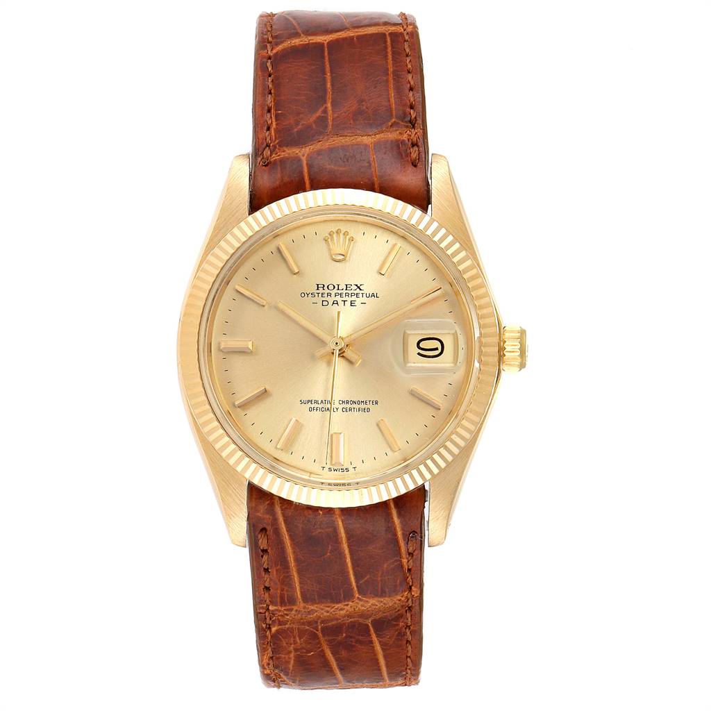 The image shows a frontal view of a Rolex Oyster Perpetual Date watch with a gold dial and brown leather strap.