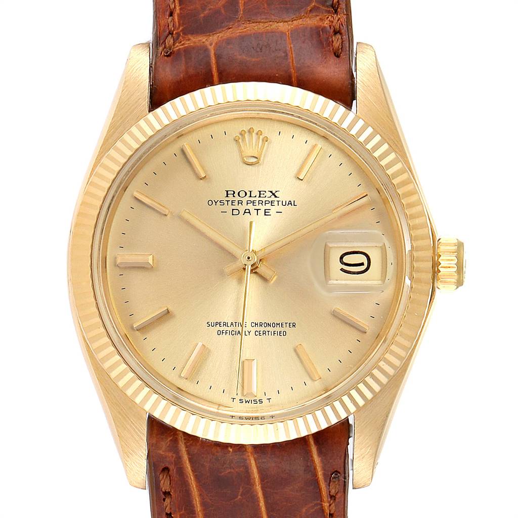 The image shows a front view of a Rolex Cellini 1503 Men's Yellow Gold Champagne Dial 1503 Men's Yellow Gold Champagne Dial watch, displaying the dial, bezel, crown, and leather strap.