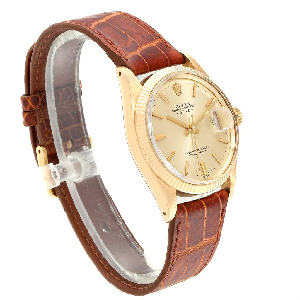 A Rolex Cellini 1503 Men's Yellow Gold Champagne Dial 1503 Men's Yellow Gold Champagne Dial watch is shown at an oblique angle, displaying the face, casing, bezel, crown, and leather strap.