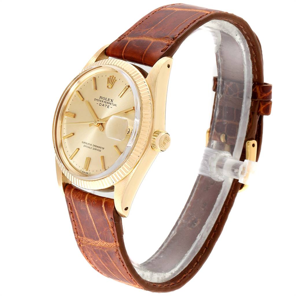 The image shows a Rolex Cellini 1503 Men's Yellow Gold Champagne Dial 1503 Men's Yellow Gold Champagne Dial watch from an angled side view, highlighting the dial, crown, and brown leather strap.