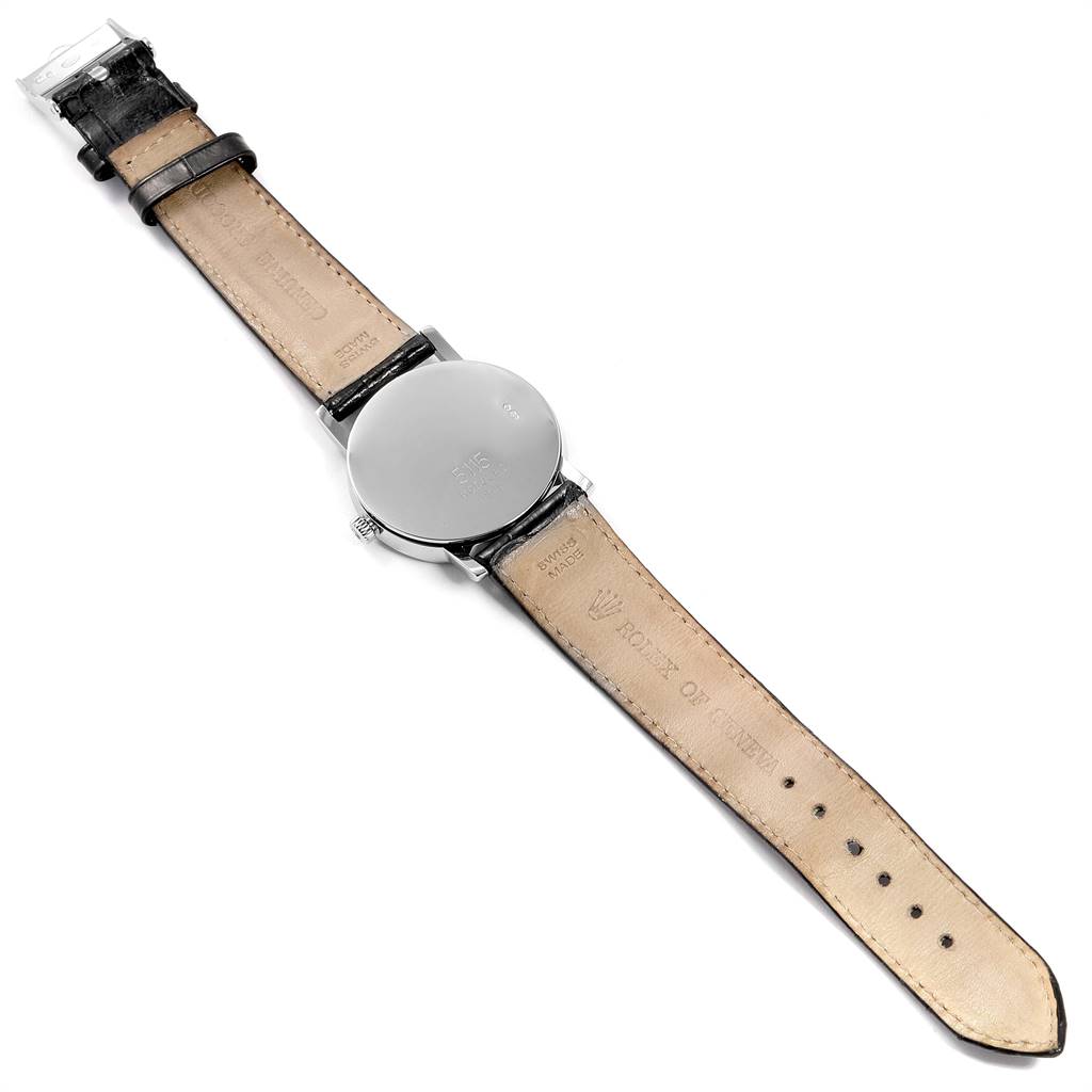 The image shows the back and straps of a Rolex Cellini 5115 Men's White Gold Mother of Pearl Dial 5115 Men's White Gold Mother of Pearl Dial watch from a top-down angle.