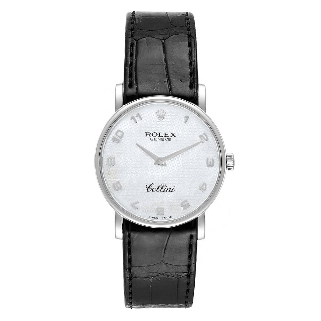 This image shows a front view of a Rolex Cellini 5115 Men's White Gold Mother of Pearl Dial 5115 Men's White Gold Mother of Pearl Dial watch, displaying the face, hands, numeral markers, and black leather strap.