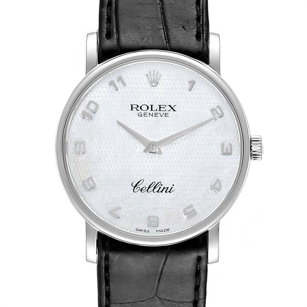 The image shows a front view of a Rolex Cellini 5115 Men's White Gold Mother of Pearl Dial 5115 Men's White Gold Mother of Pearl Dial watch with a white dial and leather strap.