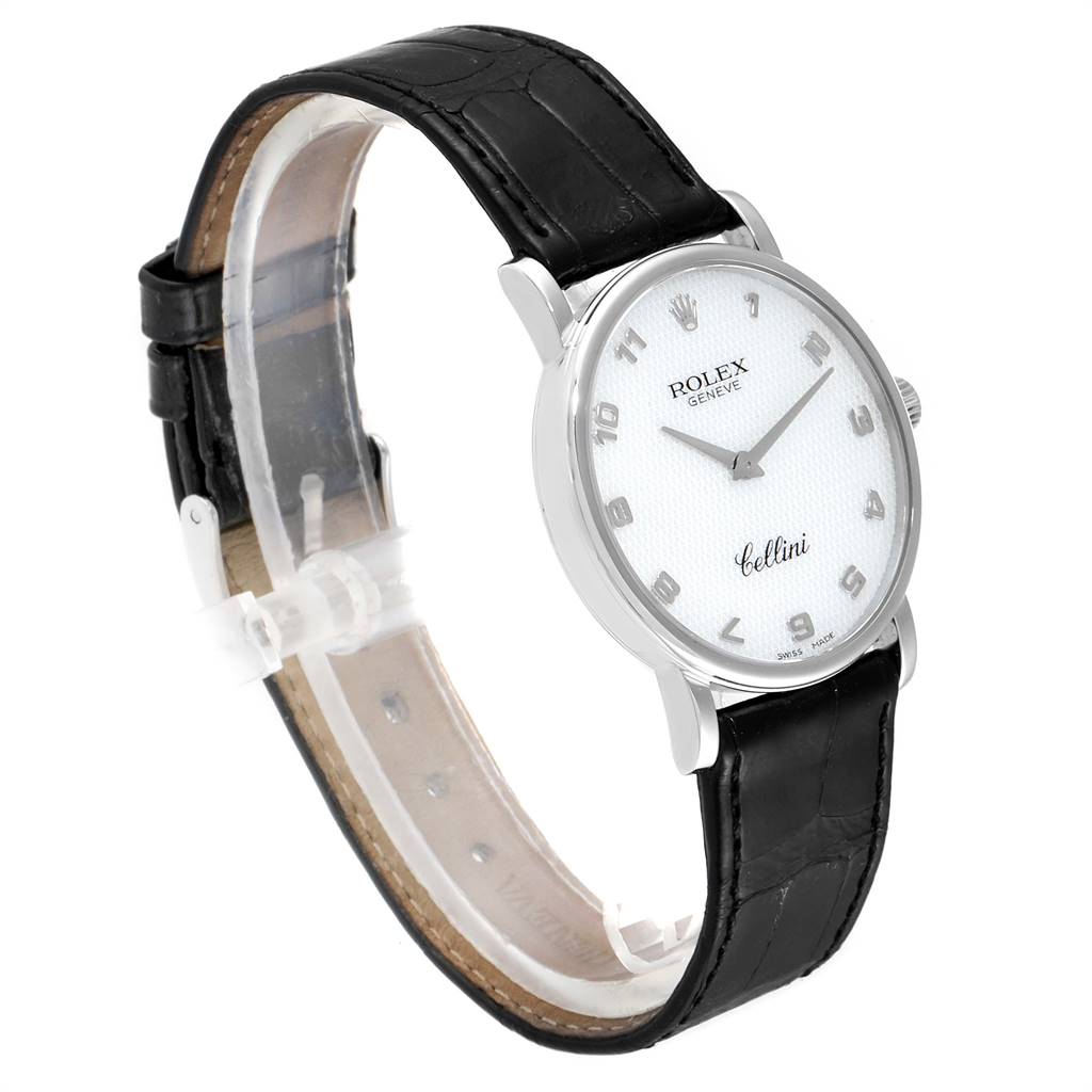 The Rolex Cellini 5115 Men's White Gold Mother of Pearl Dial 5115 Men's White Gold Mother of Pearl Dial watch is shown at a three-quarter angle, displaying its face, bezel, lugs, and black leather strap.