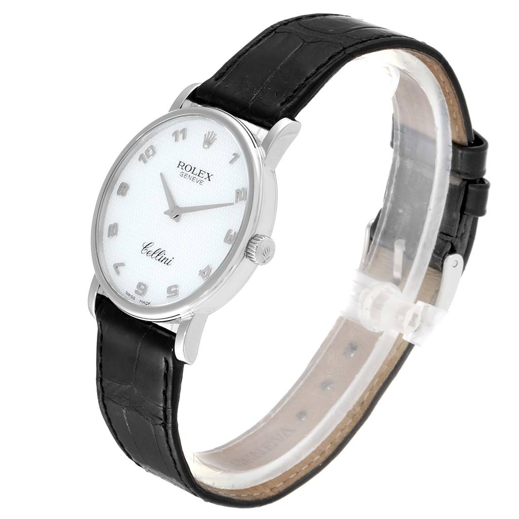 The image shows a Rolex Cellini 5115 Men's White Gold Mother of Pearl Dial 5115 Men's White Gold Mother of Pearl Dial watch at a side angle highlighting the face, black leather strap, and crown.