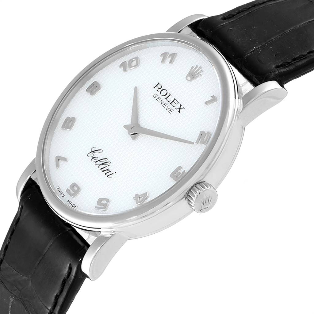 The Rolex Cellini 5115 Men's White Gold Mother of Pearl Dial 5115 Men's White Gold Mother of Pearl Dial watch is shown at a slight angle from above, showing the dial, hands, bezel, crown, and part of the leather strap.