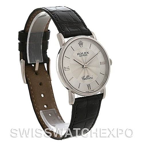 The Rolex Cellini 5115/9 White Gold Silver Dial 5115/9 White Gold Silver Dial watch is shown at a three-quarter angle, highlighting its black leather strap and silver dial.