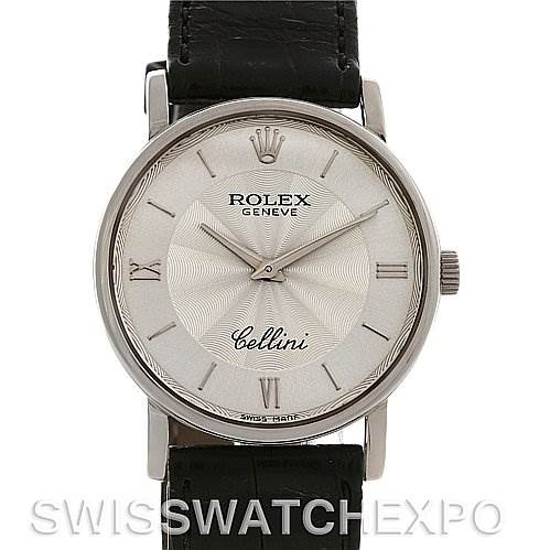 This image shows a frontal view of a Rolex Cellini 5115/9 White Gold Silver Dial 5115/9 White Gold Silver Dial watch, displaying its face, bezel, crown, and strap.