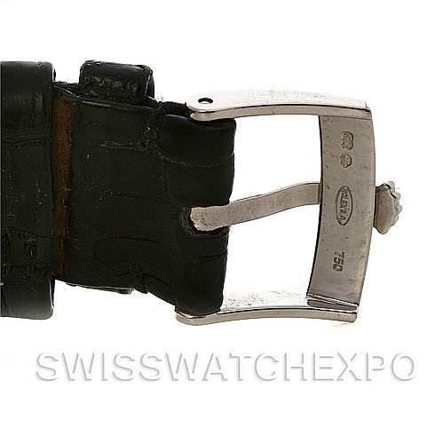 This image shows the buckle and part of the leather strap of a Rolex Cellini 5115/9 White Gold Silver Dial 5115/9 White Gold Silver Dial watch from a side angle.