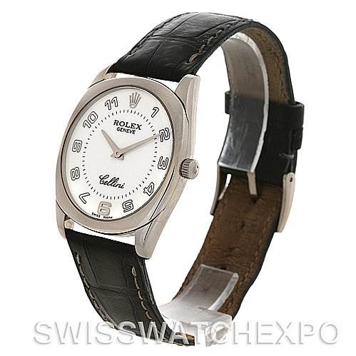 The image shows a Rolex Cellini 4233 White Gold White Dial 4233 White Gold White Dial watch at a slight angle, displaying its face, strap, and buckle.