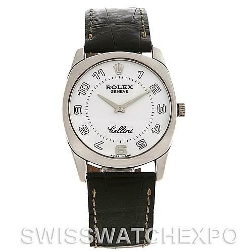 The image shows a Rolex Cellini 4233 White Gold White Dial 4233 White Gold White Dial watch from a front view, displaying its face, numerals, hands, and leather strap.