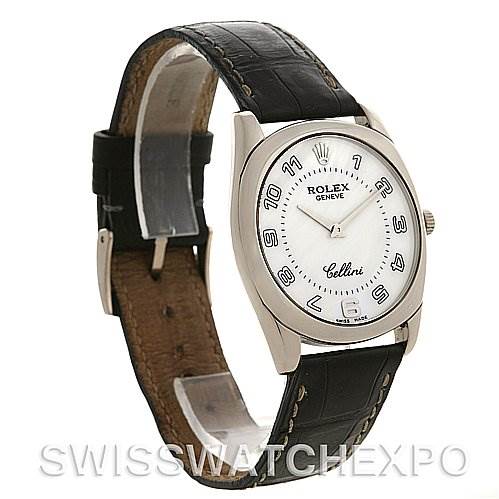This image shows a Rolex Cellini 4233 White Gold White Dial 4233 White Gold White Dial watch at a three-quarter angle, highlighting the face, leather strap, and side view of the case.