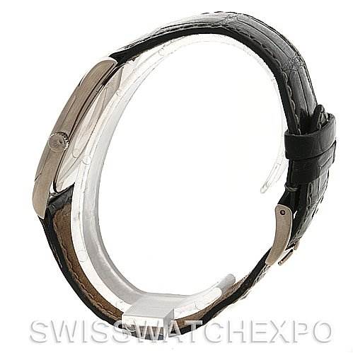 The image shows a side view of the Rolex Cellini 4233 White Gold White Dial 4233 White Gold White Dial watch, focusing on the case and leather strap with a buckle.