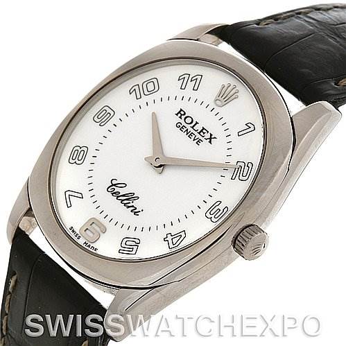 This image shows the Rolex Cellini 4233 White Gold White Dial 4233 White Gold White Dial watch from a three-quarter angle, highlighting its face, case, and part of the strap.