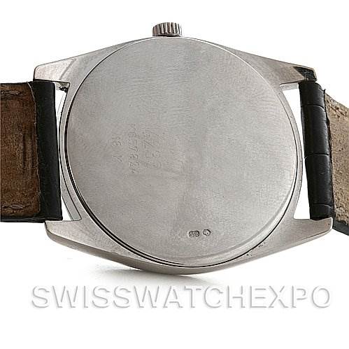The image shows the back of a Rolex Cellini 4233 White Gold White Dial 4233 White Gold White Dial model watch, highlighting the caseback and leather straps.