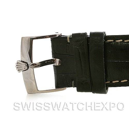 This image shows a close-up of the buckle and leather strap of a Rolex Cellini 4233 White Gold White Dial 4233 White Gold White Dial watch.