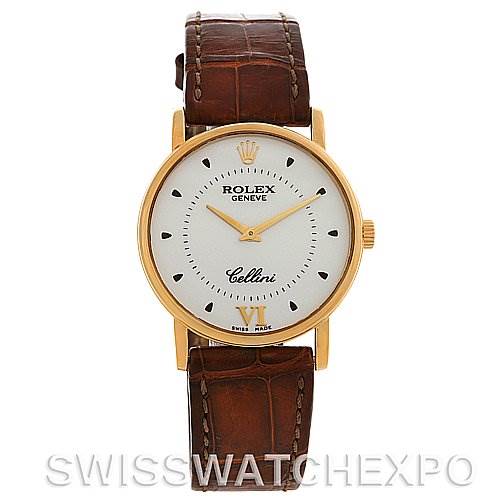 This image shows a front view of a Rolex Cellini 5115 Yellow Gold White Dial 5115 Yellow Gold White Dial watch with a brown leather strap and a gold case.