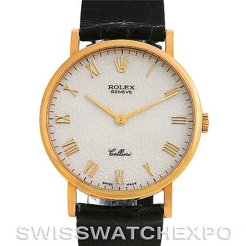 This image shows a front view of a Rolex Cellini 5112 Yellow Gold Beige Dial 5112 Yellow Gold Beige Dial model watch, featuring a gold case, white dial, and black leather strap.