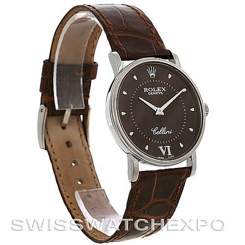 The image shows a Rolex Cellini 5115 White Gold Brown Dial 5115 White Gold Brown Dial watch at a slight angle, displaying its brown dial, silver markers, hands, and leather strap.