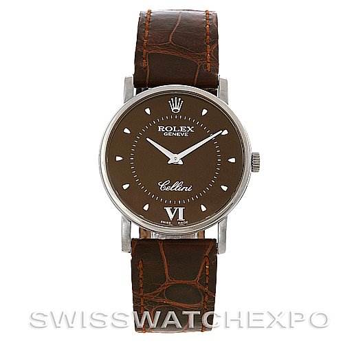 This image shows a front view of the Rolex Cellini 5115 White Gold Brown Dial 5115 White Gold Brown Dial watch with a brown face and leather strap.