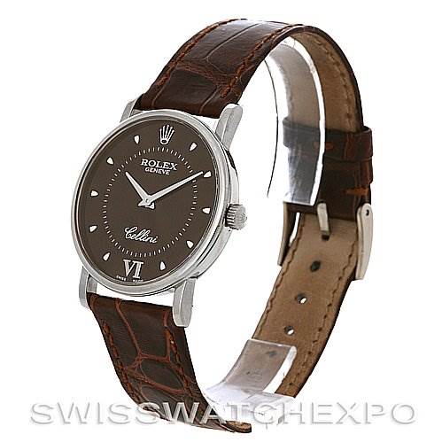 This image shows a Rolex Cellini 5115 White Gold Brown Dial 5115 White Gold Brown Dial watch at a 3/4 front angle, featuring the dial, case, crown, and leather strap.