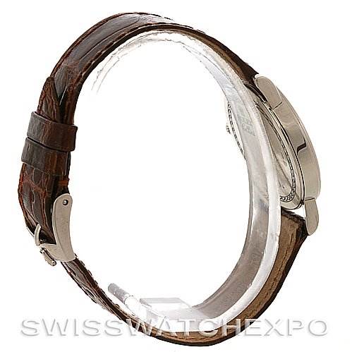 This image shows a side view of a Rolex Cellini 5115 White Gold Brown Dial 5115 White Gold Brown Dial watch, highlighting the leather strap and the case side.