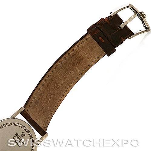 The image shows the back view of a Rolex Cellini 5115 White Gold Brown Dial 5115 White Gold Brown Dial watch, focusing on the leather strap and the clasp.