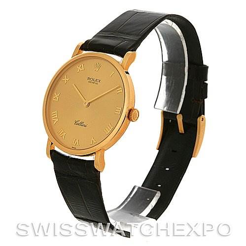 The Rolex Cellini 5112 Men's Yellow Gold Champagne Dial 5112 Men's Yellow Gold Champagne Dial watch is shown at a three-quarter angle, displaying its face, bezel, crown, lugs, and strap.
